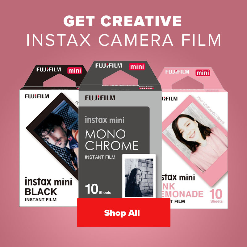 Three packages of Fujifilm instax camera film on a pink background with promotional text.