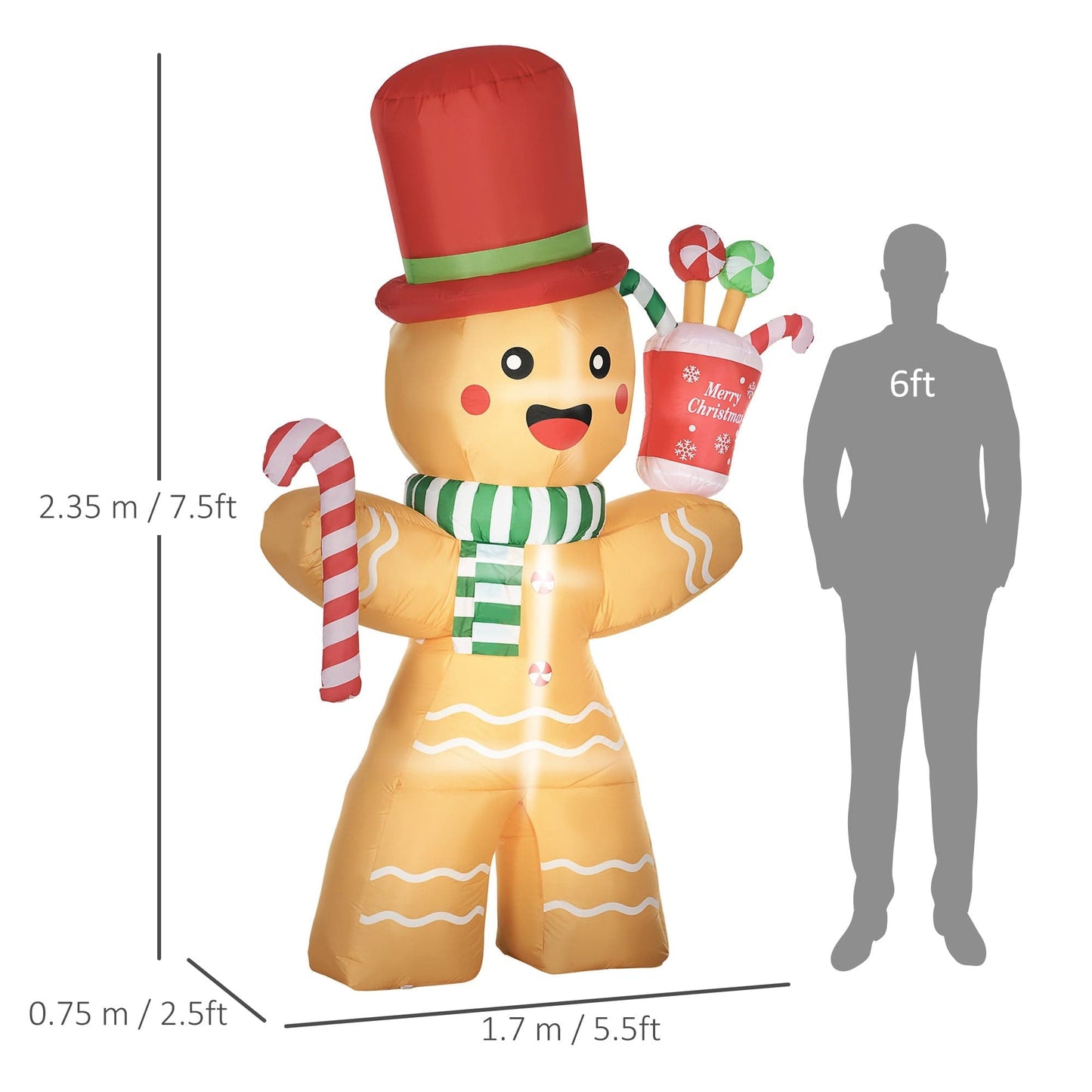 HOMCOM 7.5ft Christmas Inflatable Gingerbread Man with Candy Cane and LED Lights - maplin.co.uk