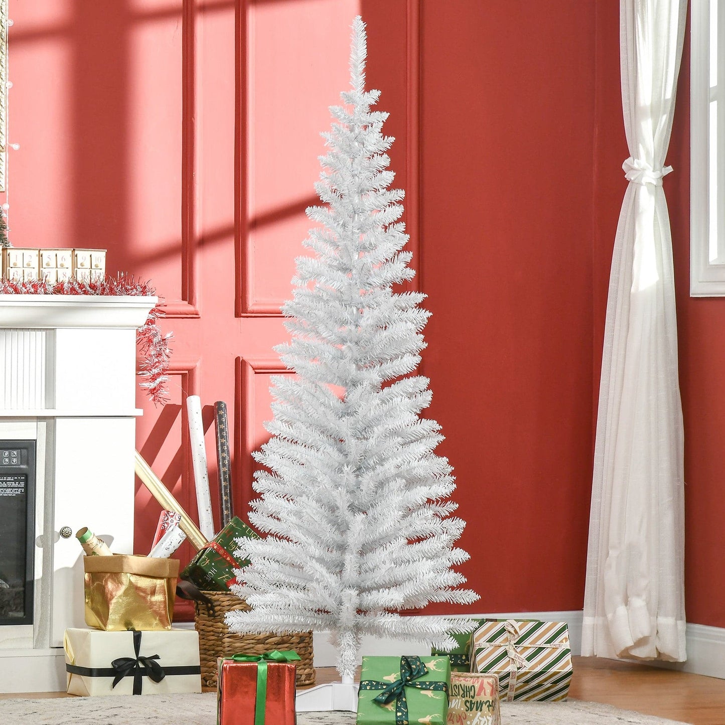 HOMCOM 5ft Artificial Pine Pencil Slim Tall Christmas Tree with Stand - White - maplin.co.uk