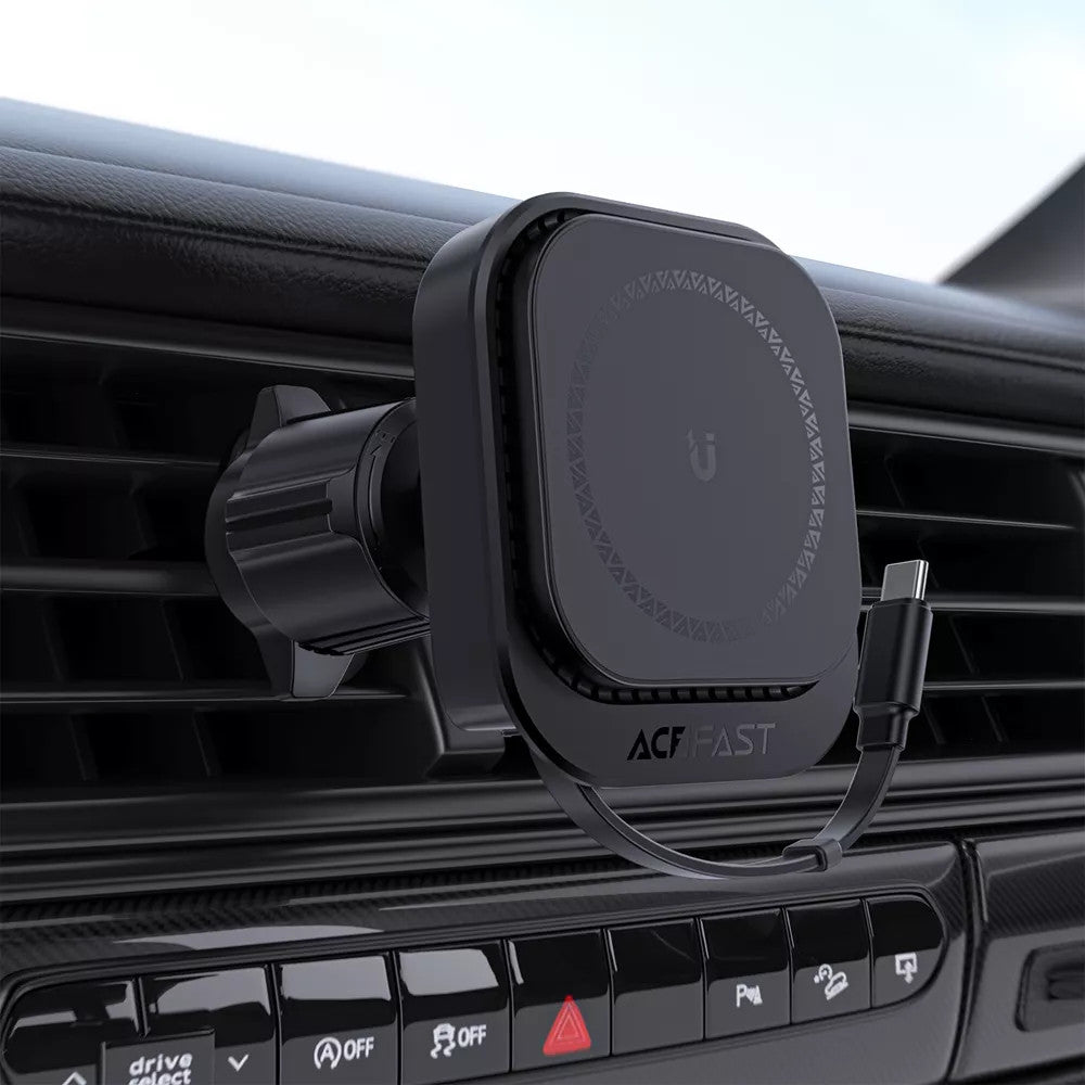 Acefast Universal MagSafe Magnetic Car Air Vent Holder & USB-C Retractable Cable - Black