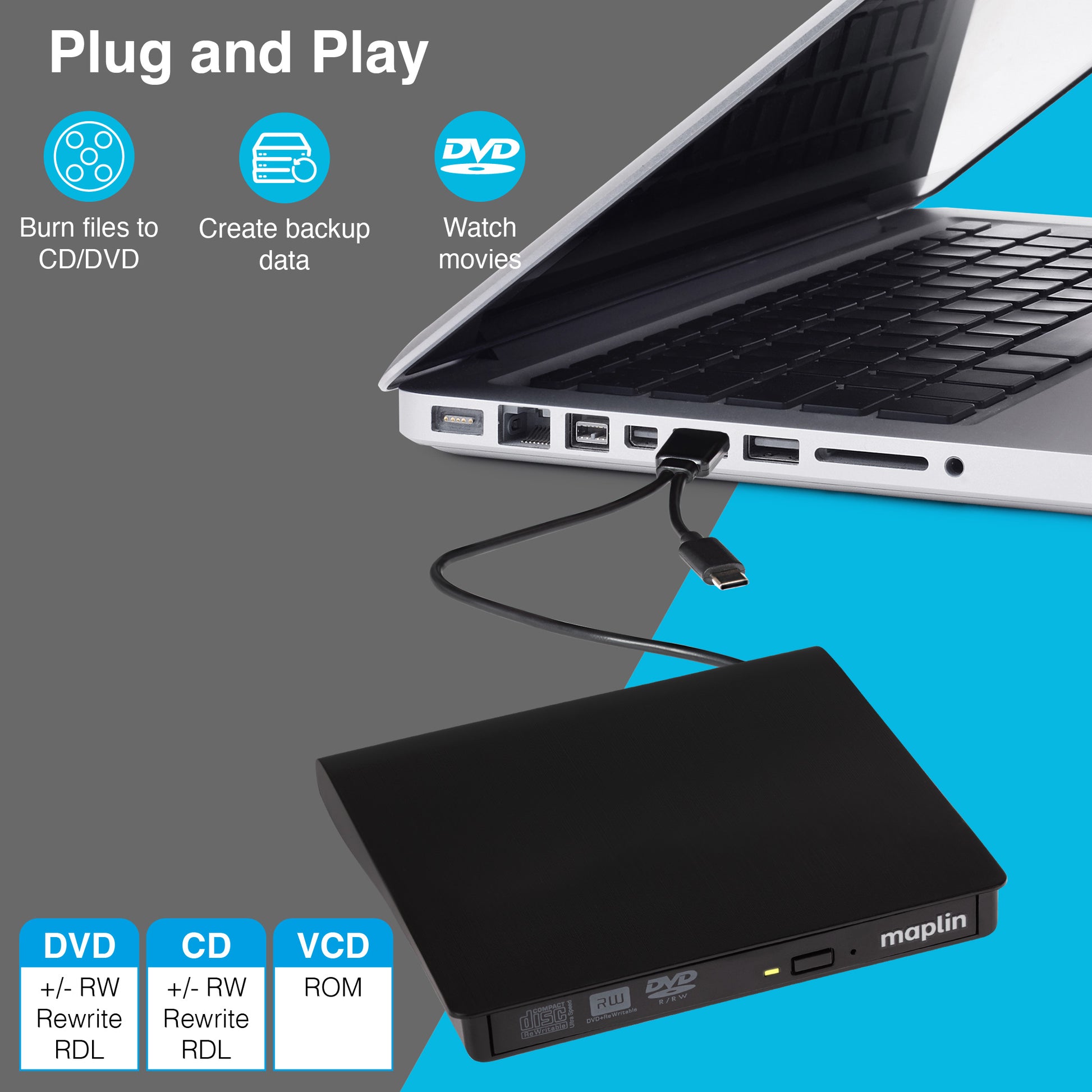 Maplin External CD DVD Optical Drive Reader & Writer Burner with Built-In USB-C / USB-A 3.0 Cables - maplin.co.uk