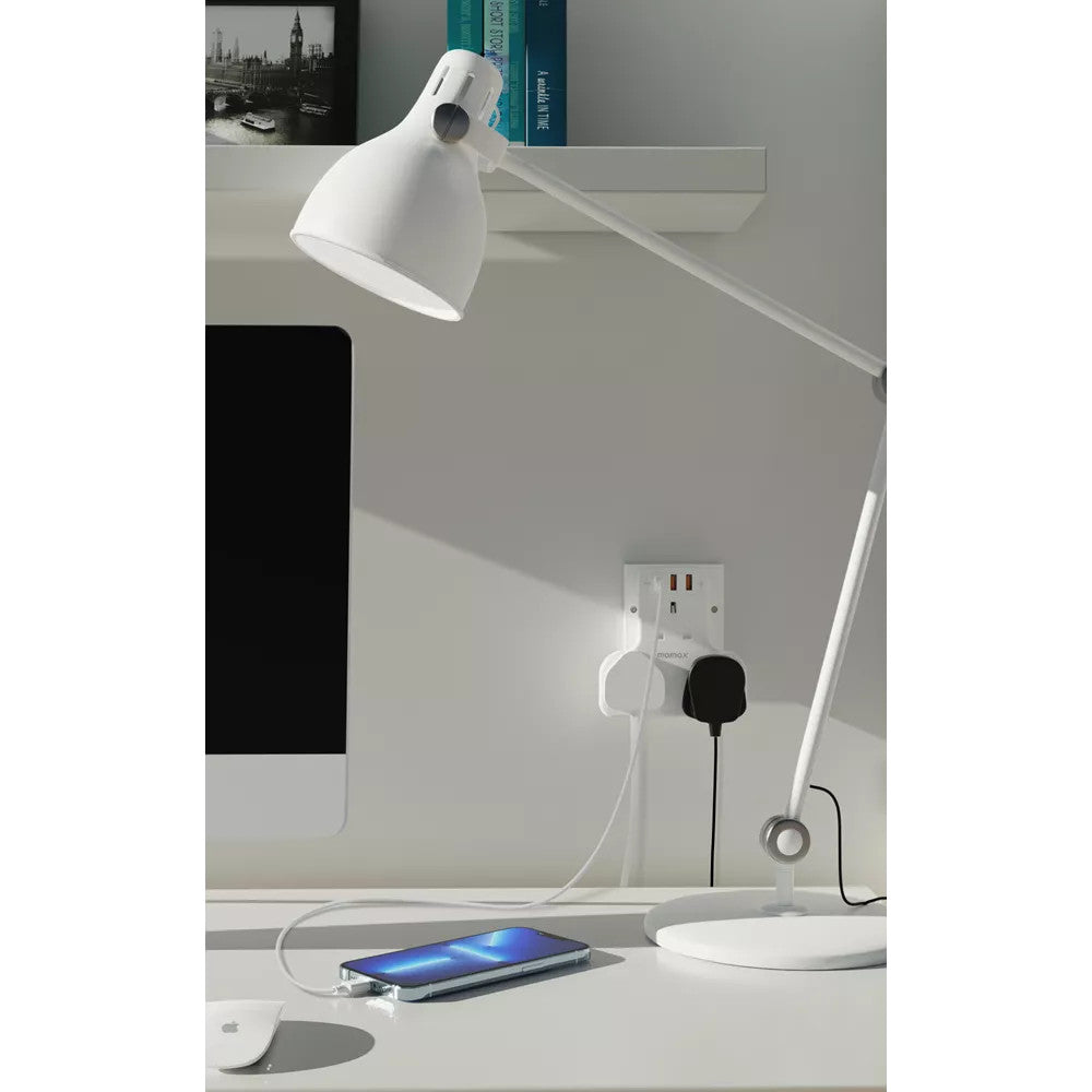 MOMAX OnePlug 3-Outlet Extension Plug Socket T-Shaped Power Strip with USB-C & 2x USB-A - White