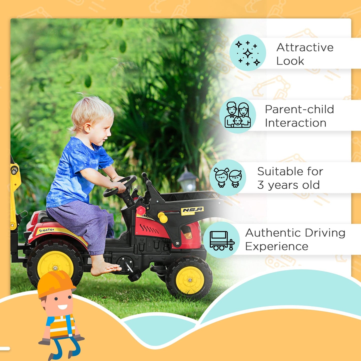 HOMCOM Kids Pedal Go Kart Ride On Toy Excavator Tractor with Moving Bucket & Removable Digger for 3 - 6 Years - maplin.co.uk