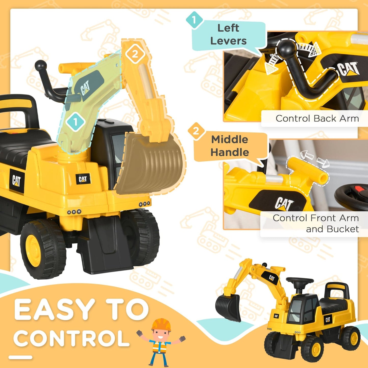 Maplin Plus CAT Licensed Kids Ride On Toy Digger with Manual Shovel & Horn for Ages 1-3 Years