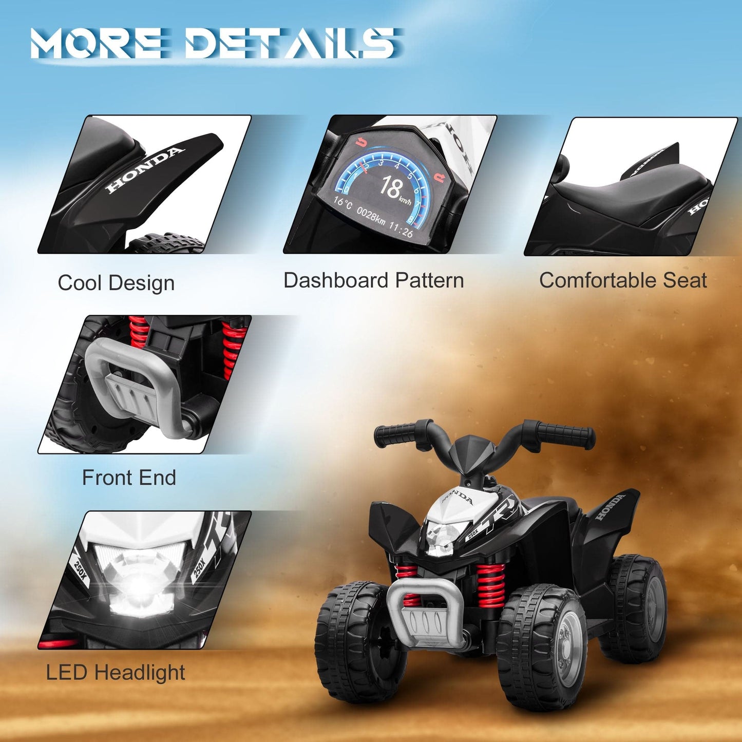 Maplin Plus AIYAPLAY Honda Licensed 6V Electric Ride On Kids Toy ATV Quad Bike with LED Lights & Horn for 1.5-3 Years Black