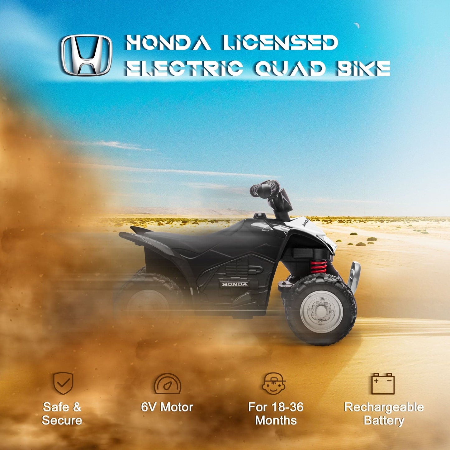 Maplin Plus AIYAPLAY Honda Licensed 6V Electric Ride On Kids Toy ATV Quad Bike with LED Lights & Horn for 1.5-3 Years