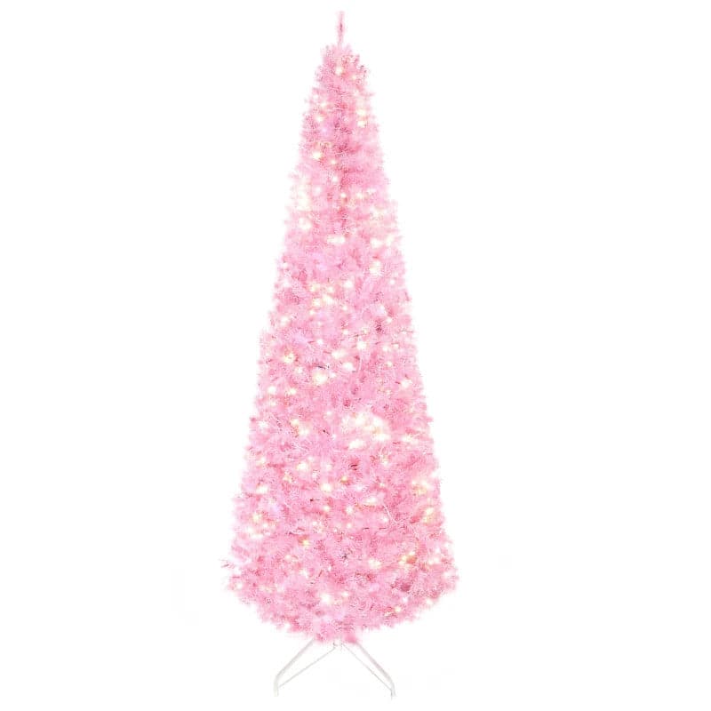 HOMCOM 5ft LED Pencil Slim Artificial Christmas Tree with Realistic Branches - Pink - maplin.co.uk