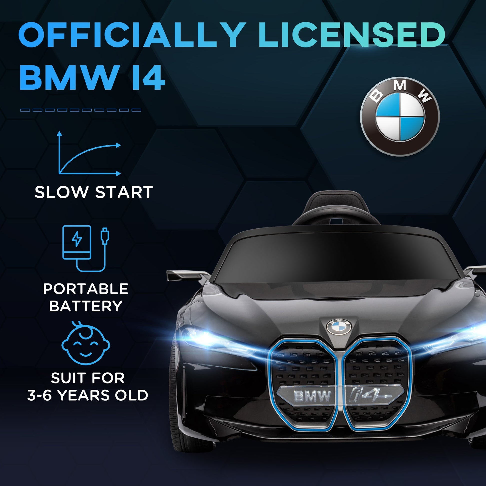 Maplin Plus BMW i4 Licensed 12V Kids Electric Ride On Car with Remote Control, Portable Battery, Music, Horn & Headlights - maplin.co.uk