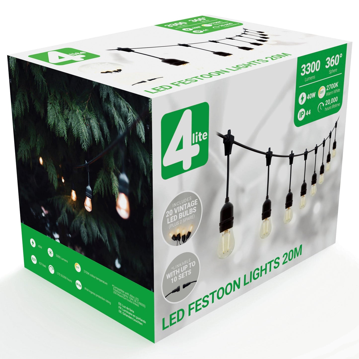 4lite Festoon Lighting Outdoor String Lamps with E27 Screw Warm White LED Bulbs