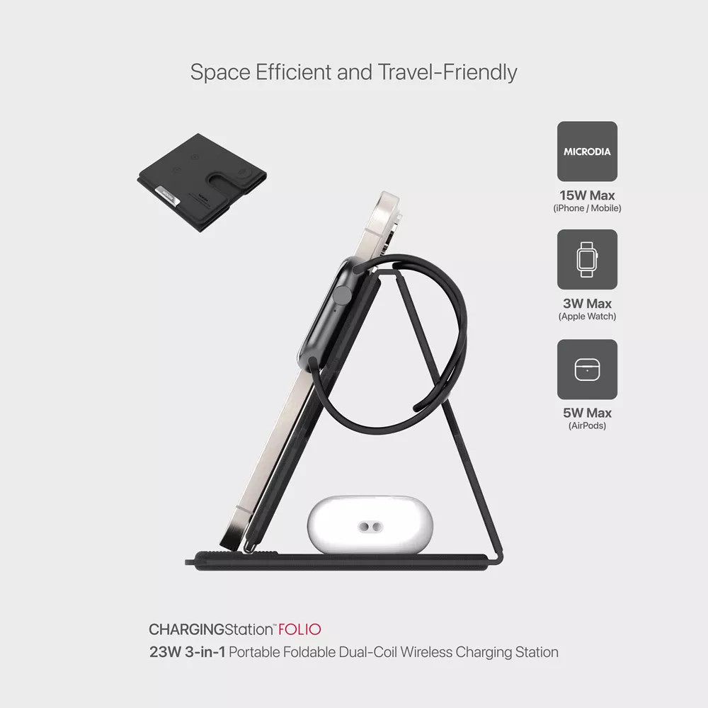 Microdia CHARGINGStation Folio 23W 3-in-1 Foldable Wireless Charging Station - Black