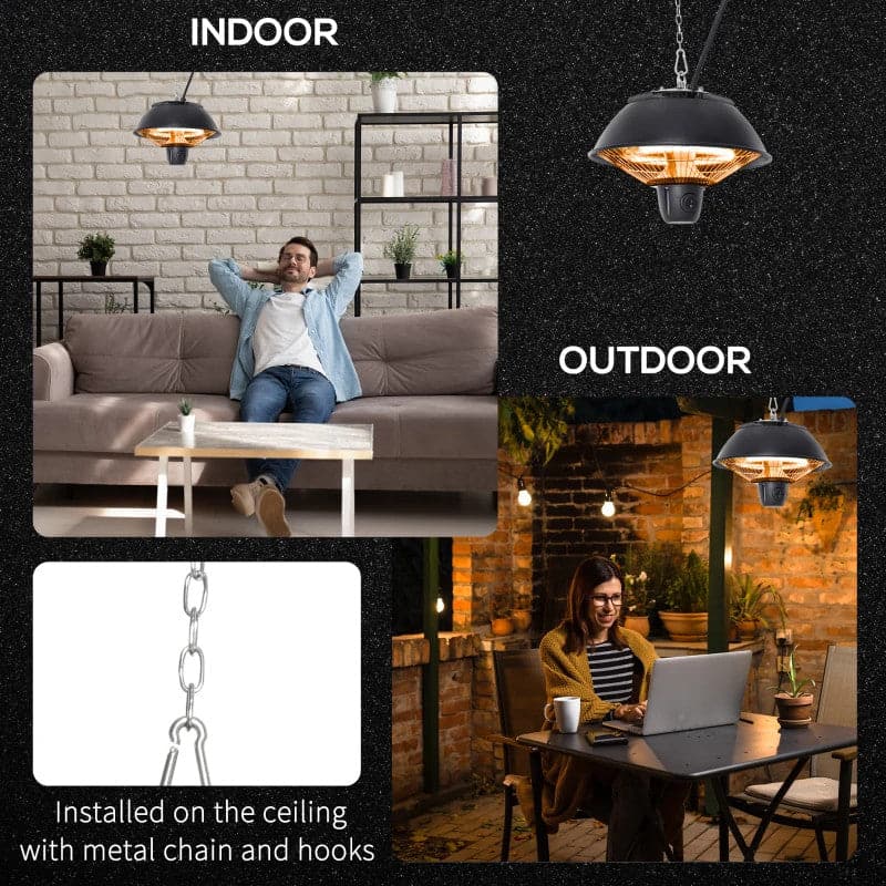 Maplin Plus Aluminium 600W Hanging Electric Patio Heater & Light with Adjustable Hook Chain - Black