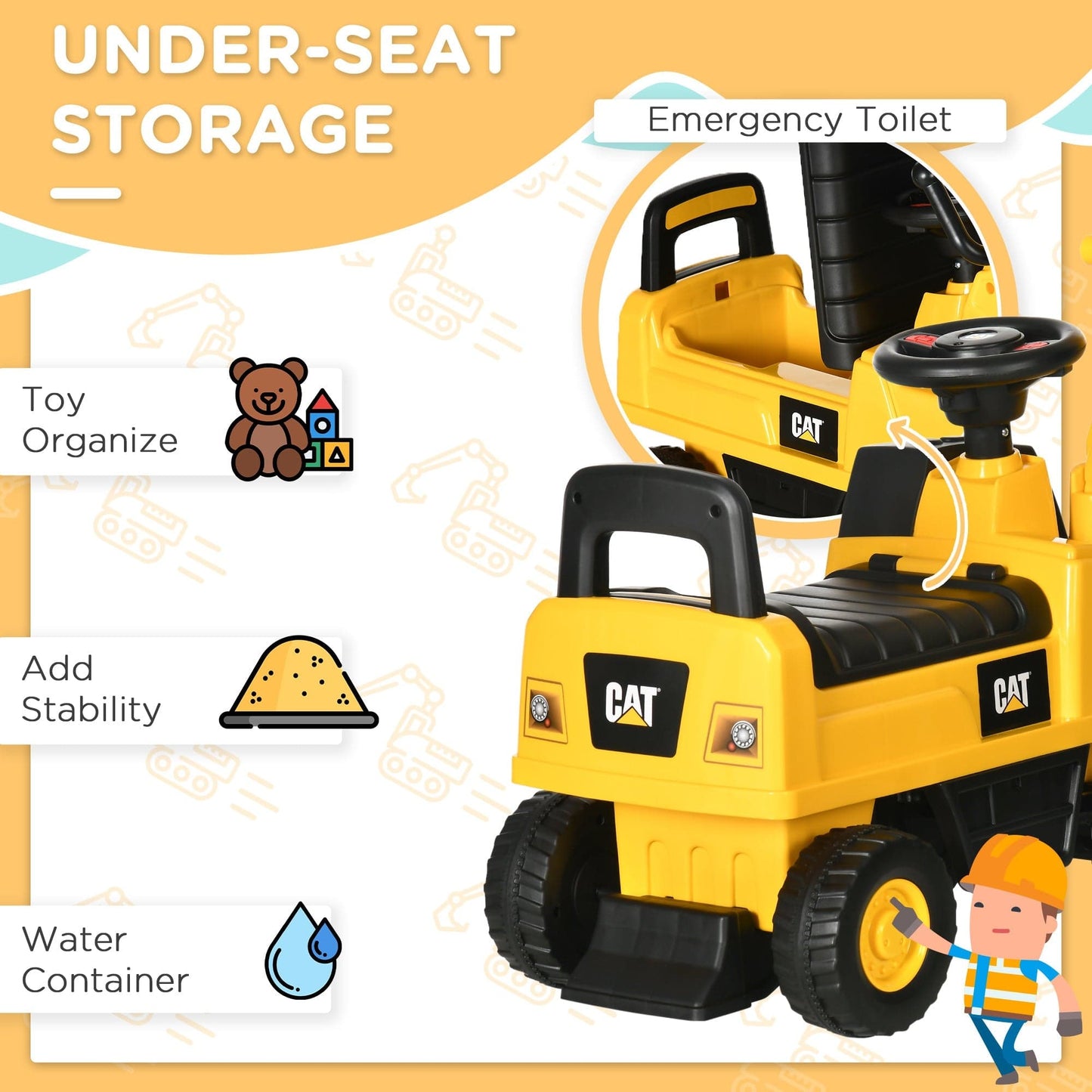 Maplin Plus CAT Licensed Kids Ride On Toy Digger with Manual Shovel & Horn for Ages 1-3 Years