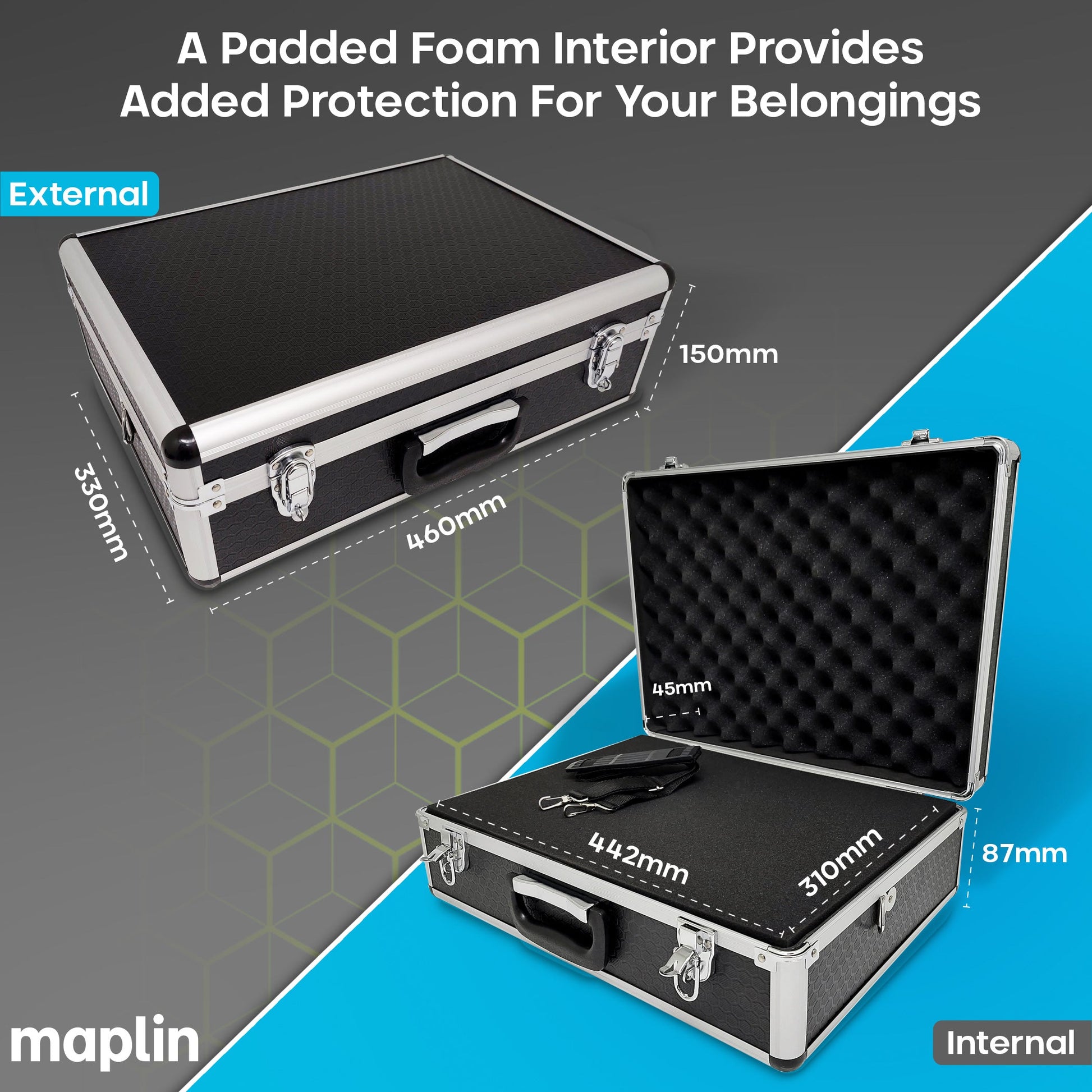 Maplin Plus Aluminium 150 x 460 x 330mm Flight Case with Shoulder Strap - Black - maplin.co.uk