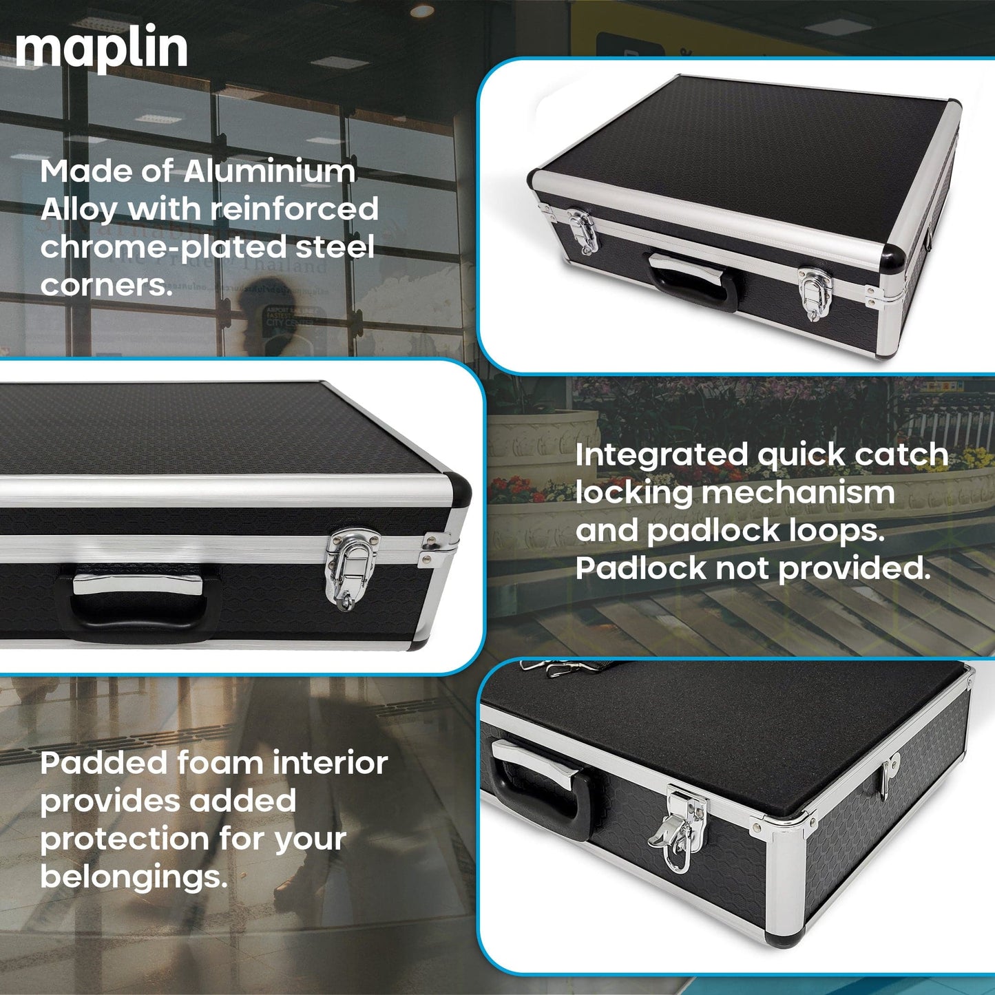 Maplin Plus Aluminium 150 x 460 x 330mm Flight Case with Shoulder Strap - Black