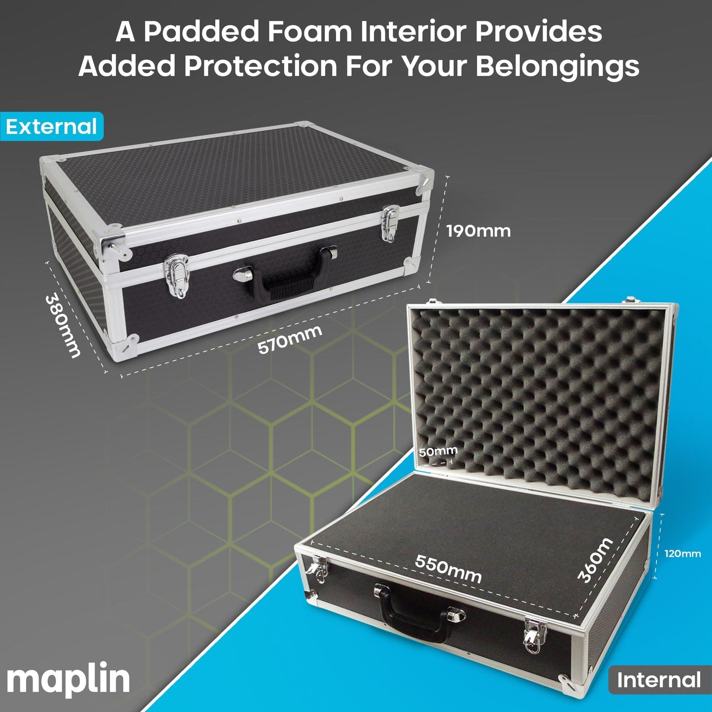 Maplin BC47 Aluminium 190 x 570 x 380mm Flight Case with Cubed Foam Block & Egg Lid Foam - Black - maplin.co.uk