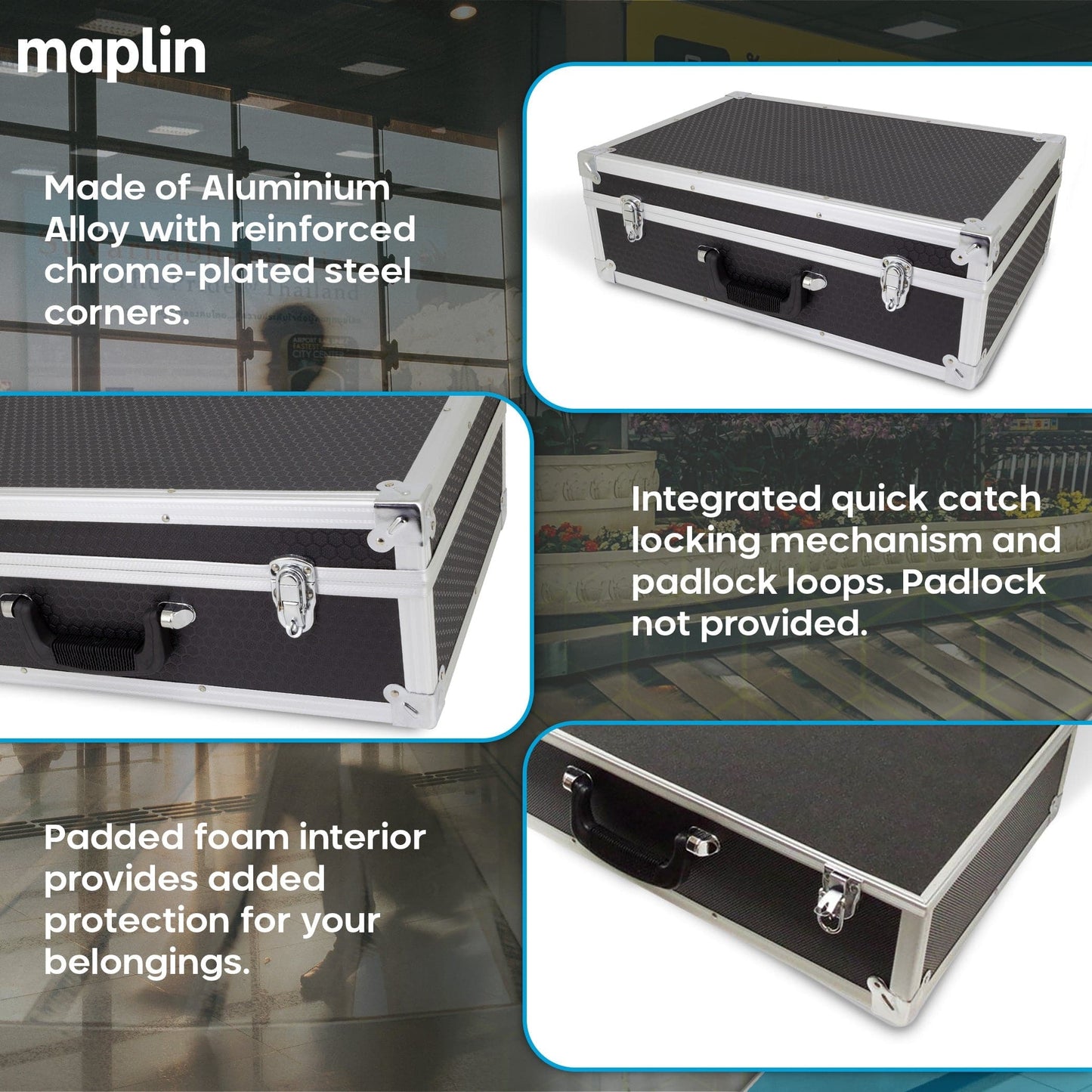 Maplin BC47 Aluminium 190 x 570 x 380mm Flight Case with Cubed Foam Block & Egg Lid Foam - Black - maplin.co.uk
