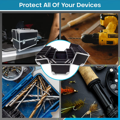 Maplin Plus Aluminium 215 x 360 x 270mm Toolbox, Fishing Tackle/Bait Flight Case with Fold Out Trays - Black