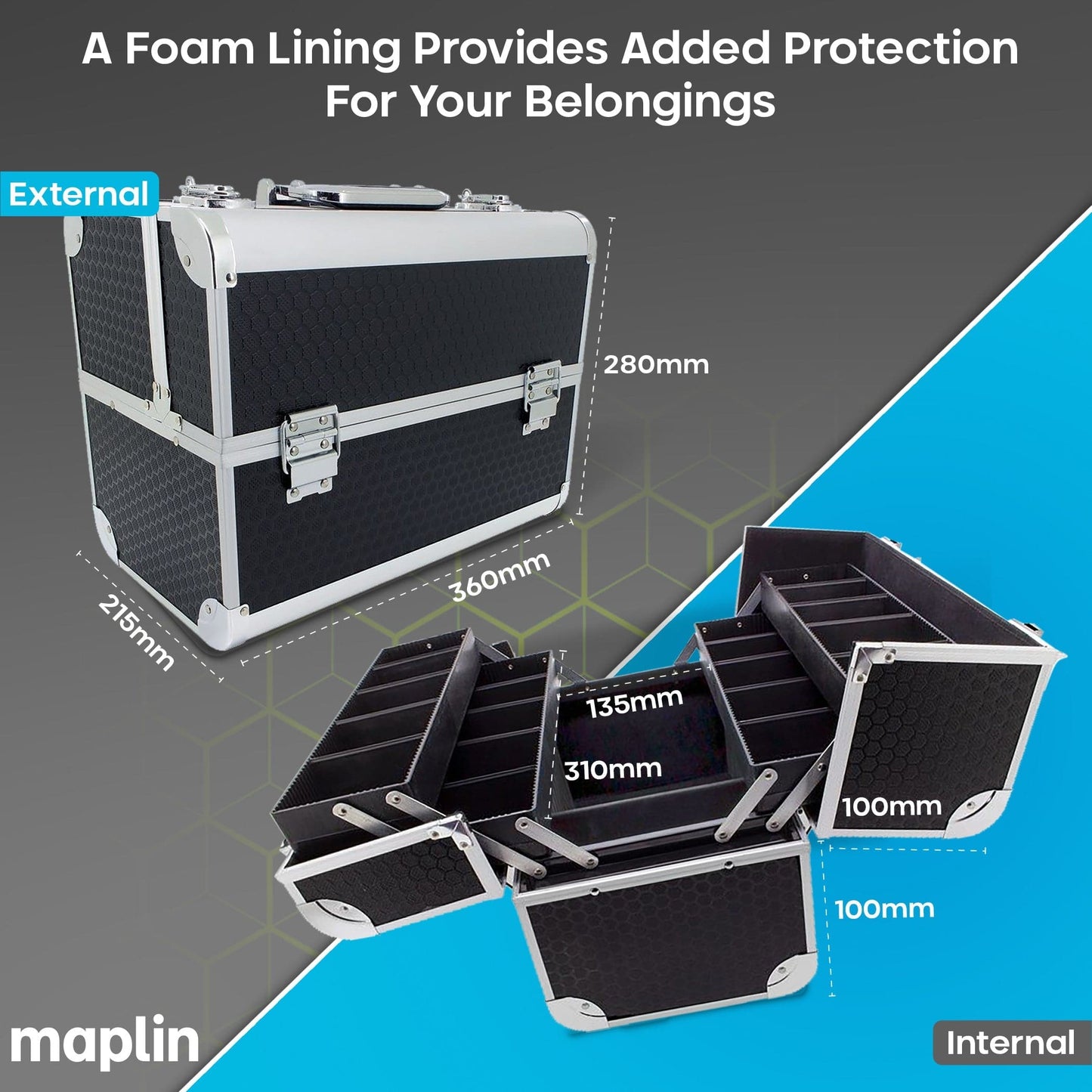 Maplin Plus Aluminium 215 x 360 x 270mm Toolbox, Fishing Tackle/Bait Flight Case with Fold Out Trays - Black