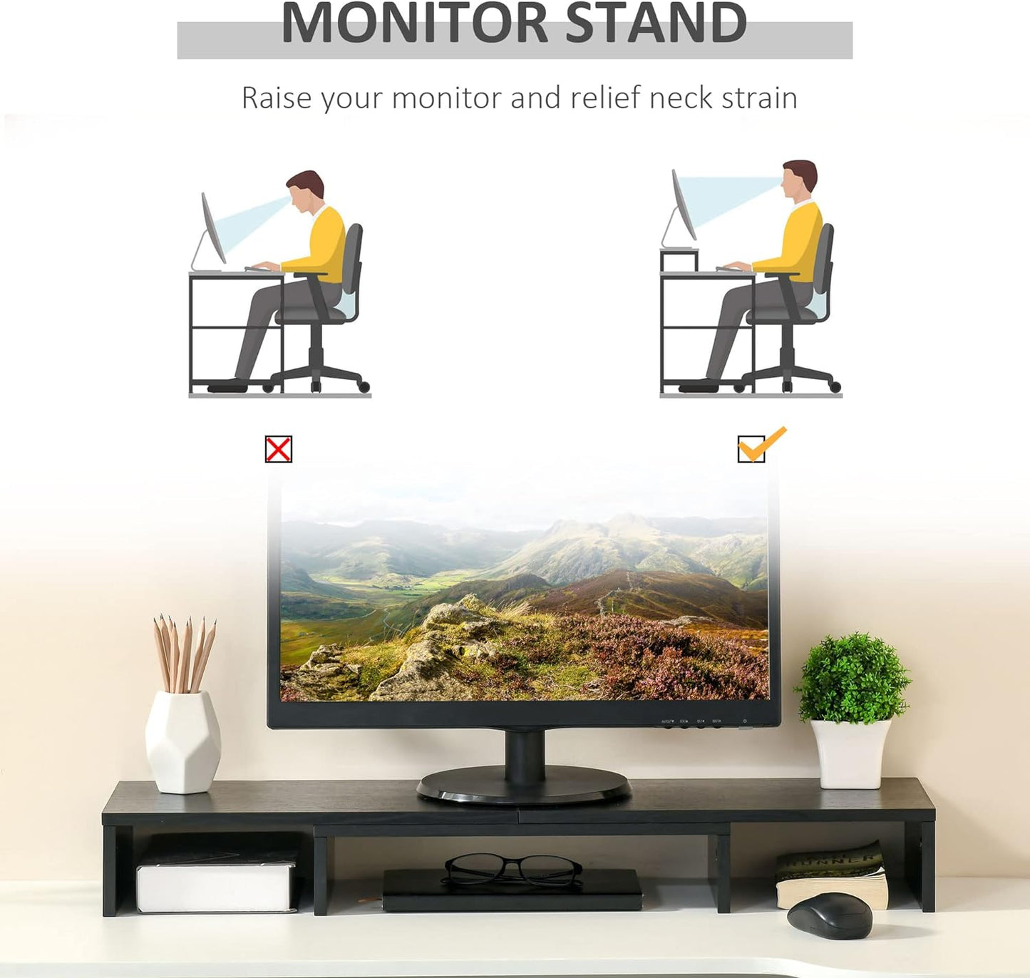 ProperAV Extra Dual Monitor Stand Riser with Adjustable Length & Angle - Black - maplin.co.uk