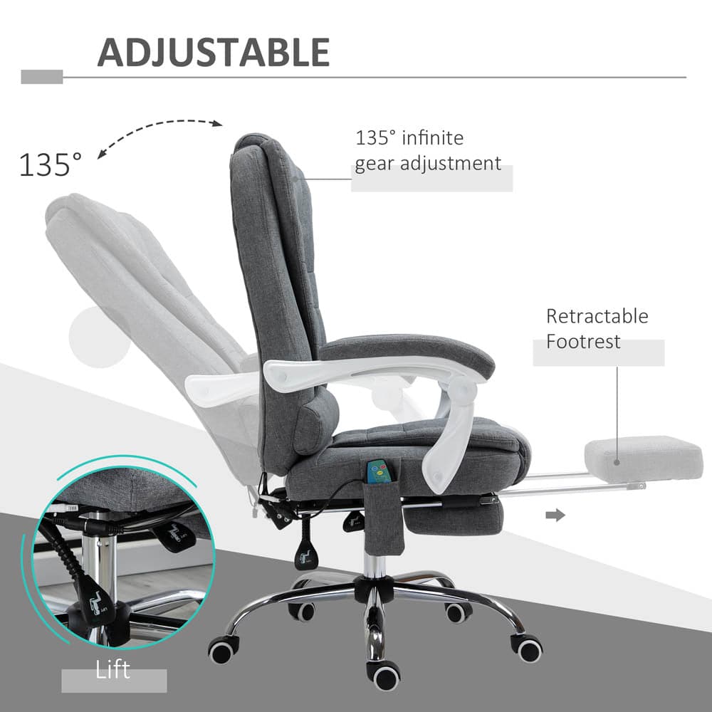 ProperAV Extra Ergonomic Adjustable Reclining Executive Office Chair with Heated 6 Point Vibration Massage Function & Footrest - Grey