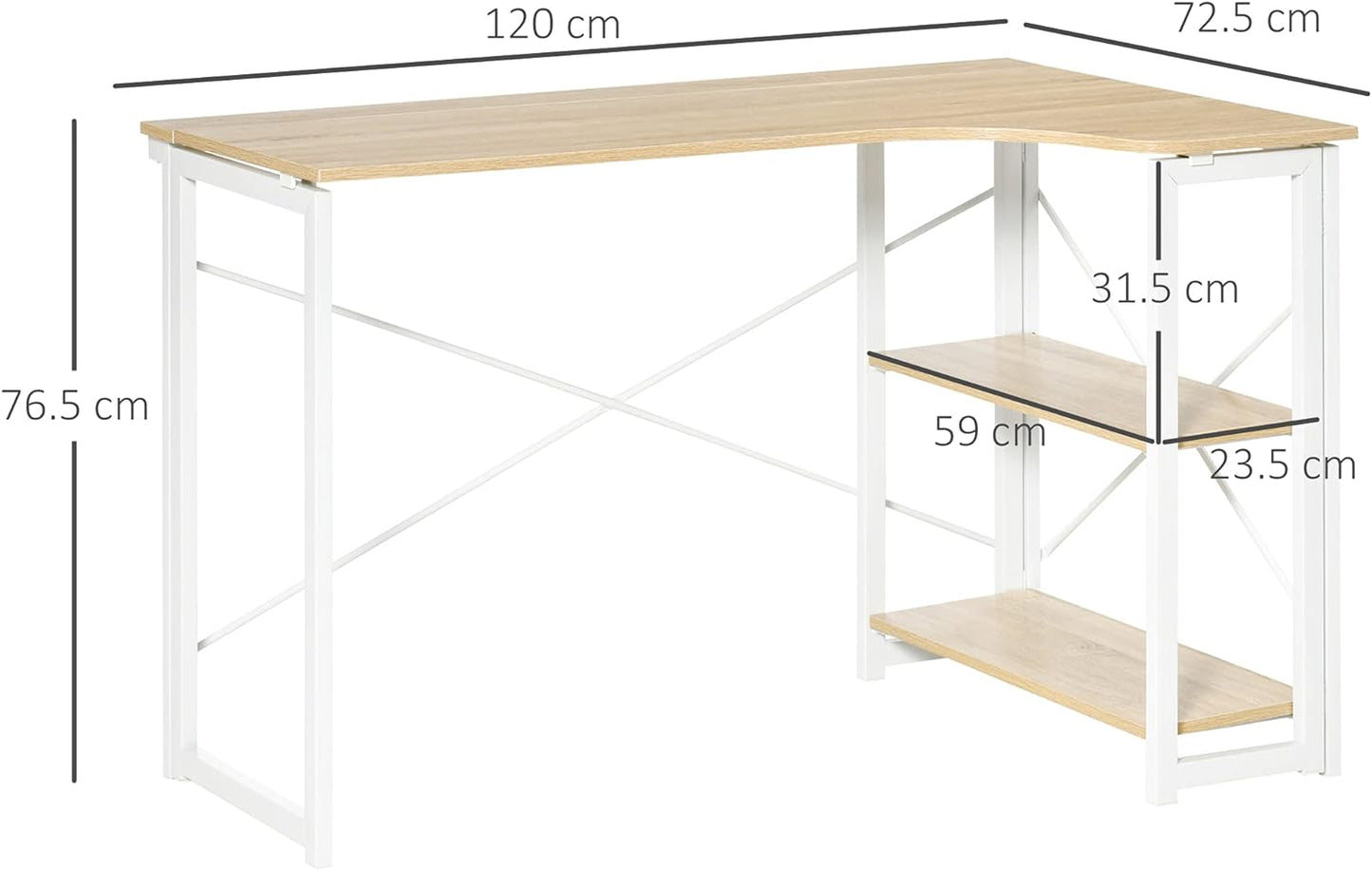 ProperAV Extra Folding L-Shaped Corner Desk with 2 Shelves - Oak - maplin.co.uk