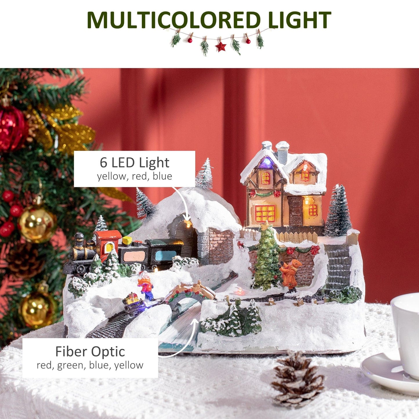 HOMCOM Tabletop Battery-Operated Animated Christmas Village Scene with Music, Lights & Moving Train - maplin.co.uk