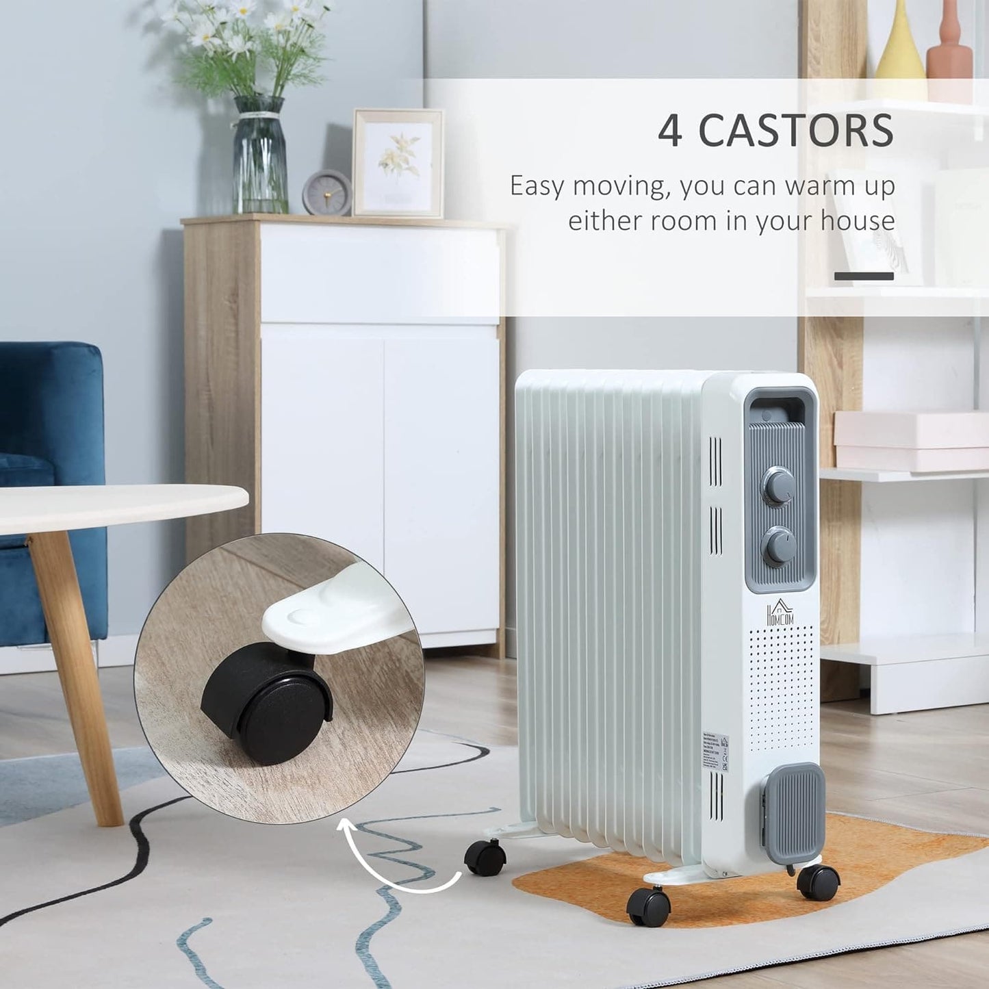Maplin 11 Fin Portable Oil Filled Radiator with Wheels & 3 Heat Settings - White - maplin.co.uk