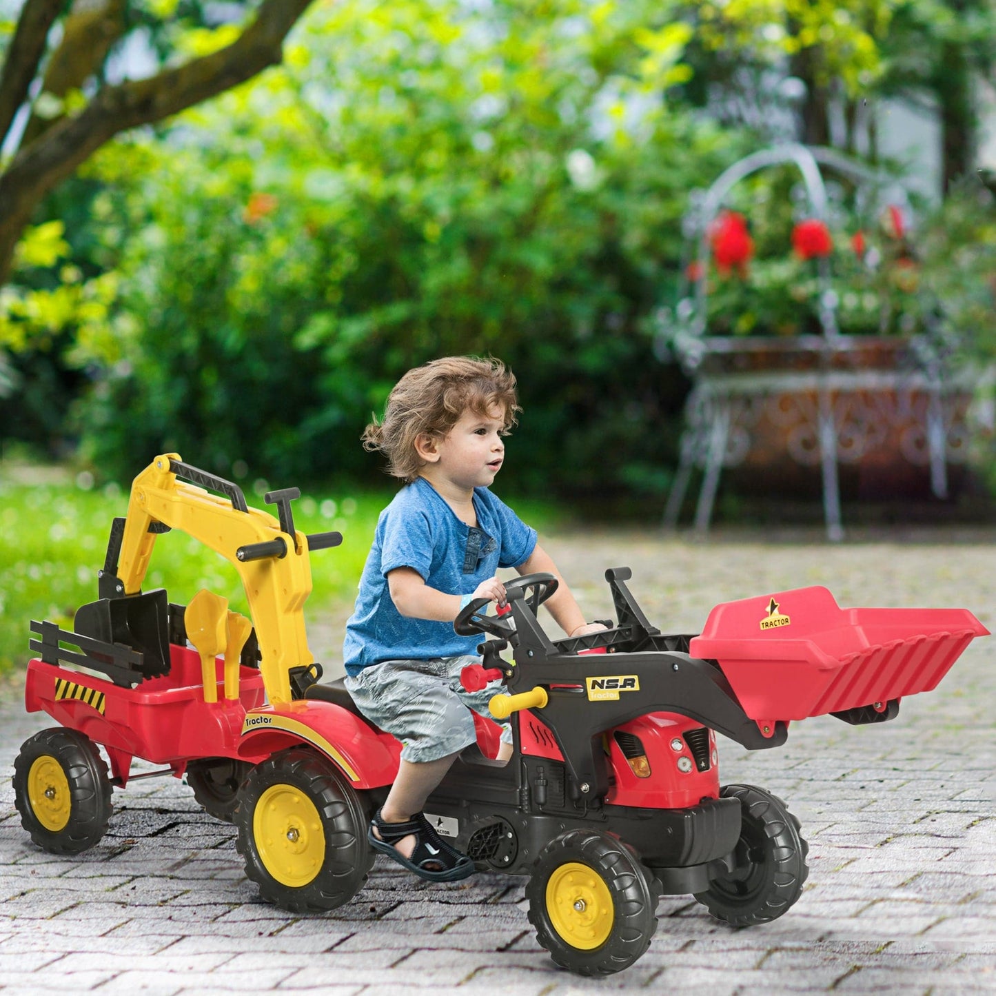 HOMCOM Kids Pedal Go Kart Ride On Toy Excavator Tractor with Moving Bucket & Removable Digger for 3 - 6 Years - maplin.co.uk