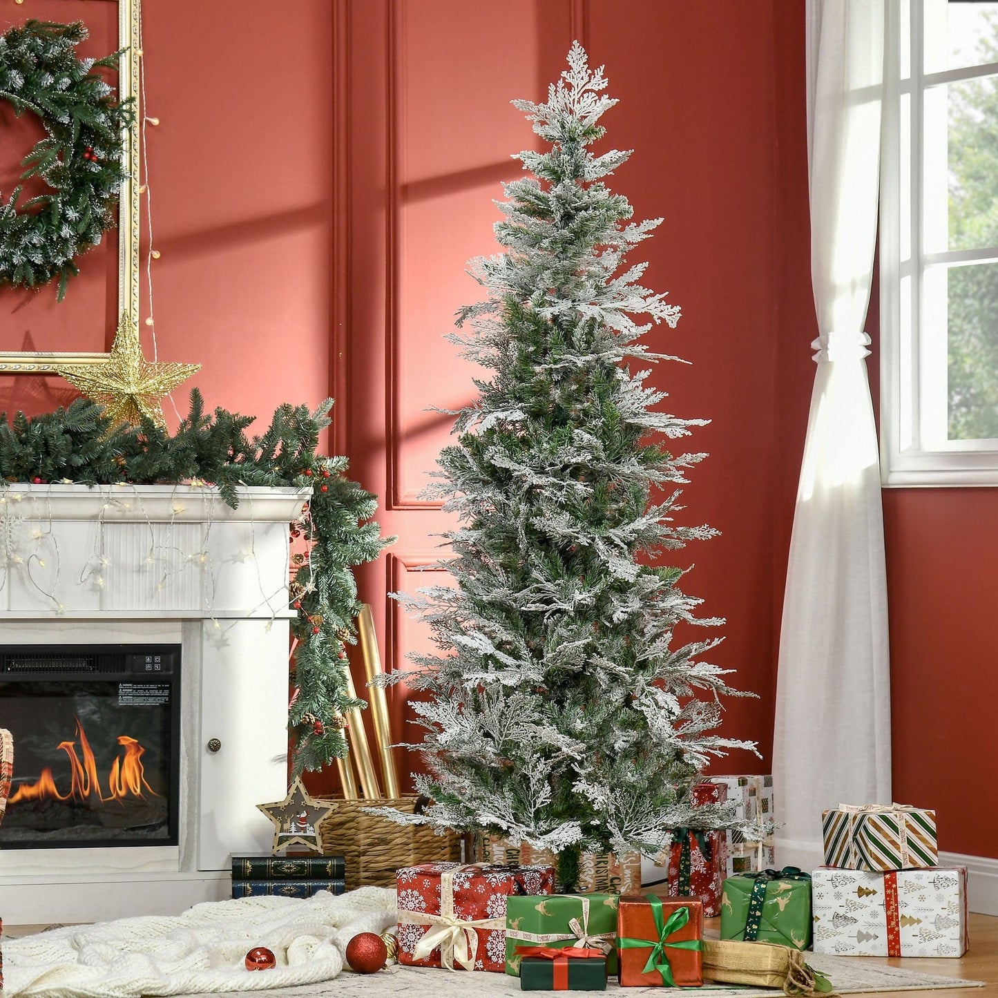 HOMCOM 6ft Pencil Snow Flocked Artificial Christmas Tree with Realistic Cypress Branches - maplin.co.uk