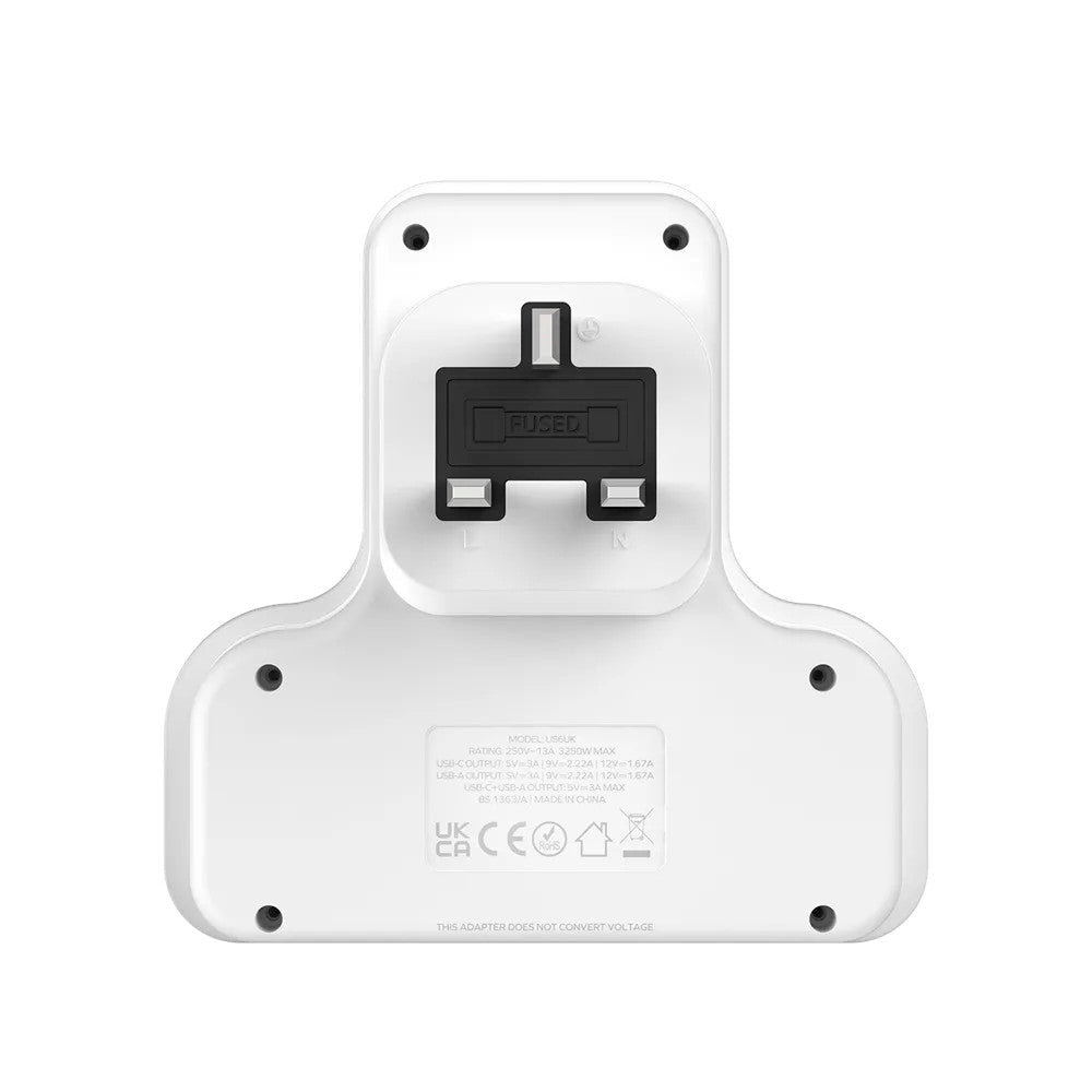 MOMAX OnePlug 3-Outlet Extension Plug Socket T-Shaped Power Strip with USB-C & 2x USB-A - White