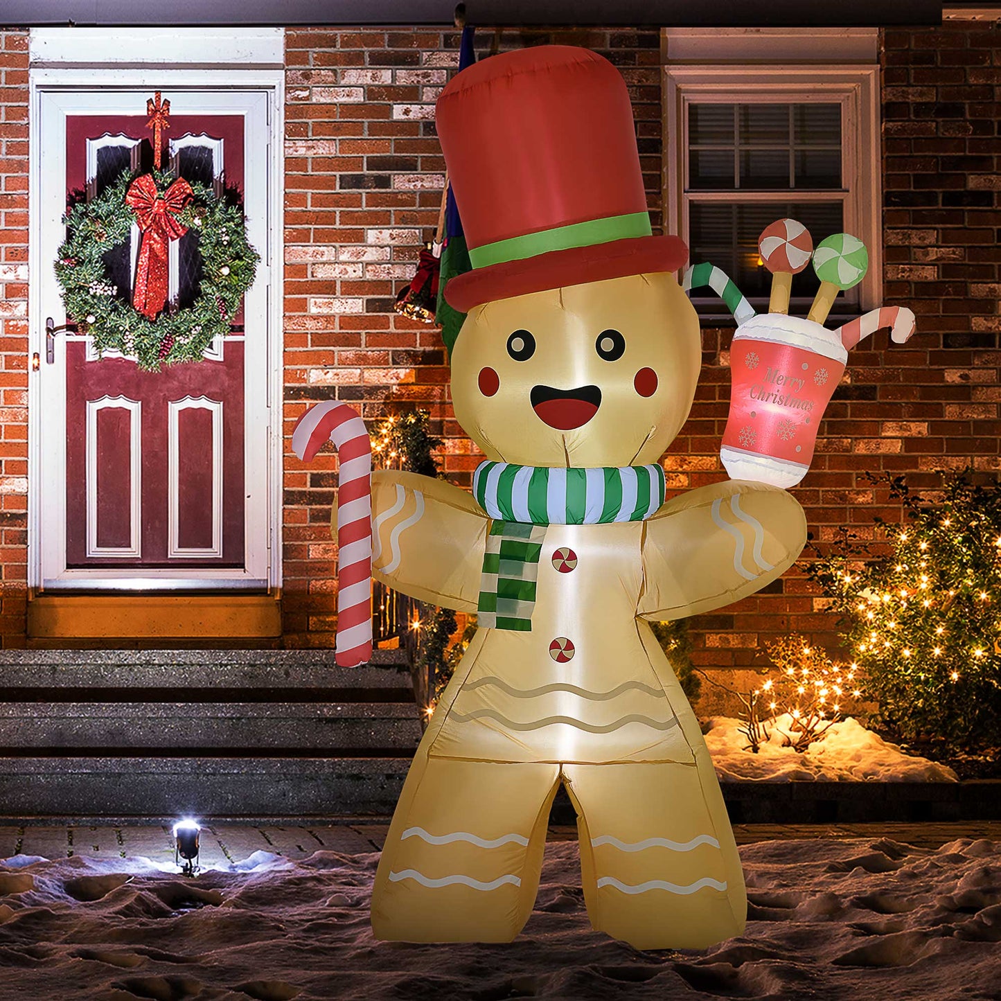 HOMCOM 7.5ft Christmas Inflatable Gingerbread Man with Candy Cane and LED Lights - maplin.co.uk