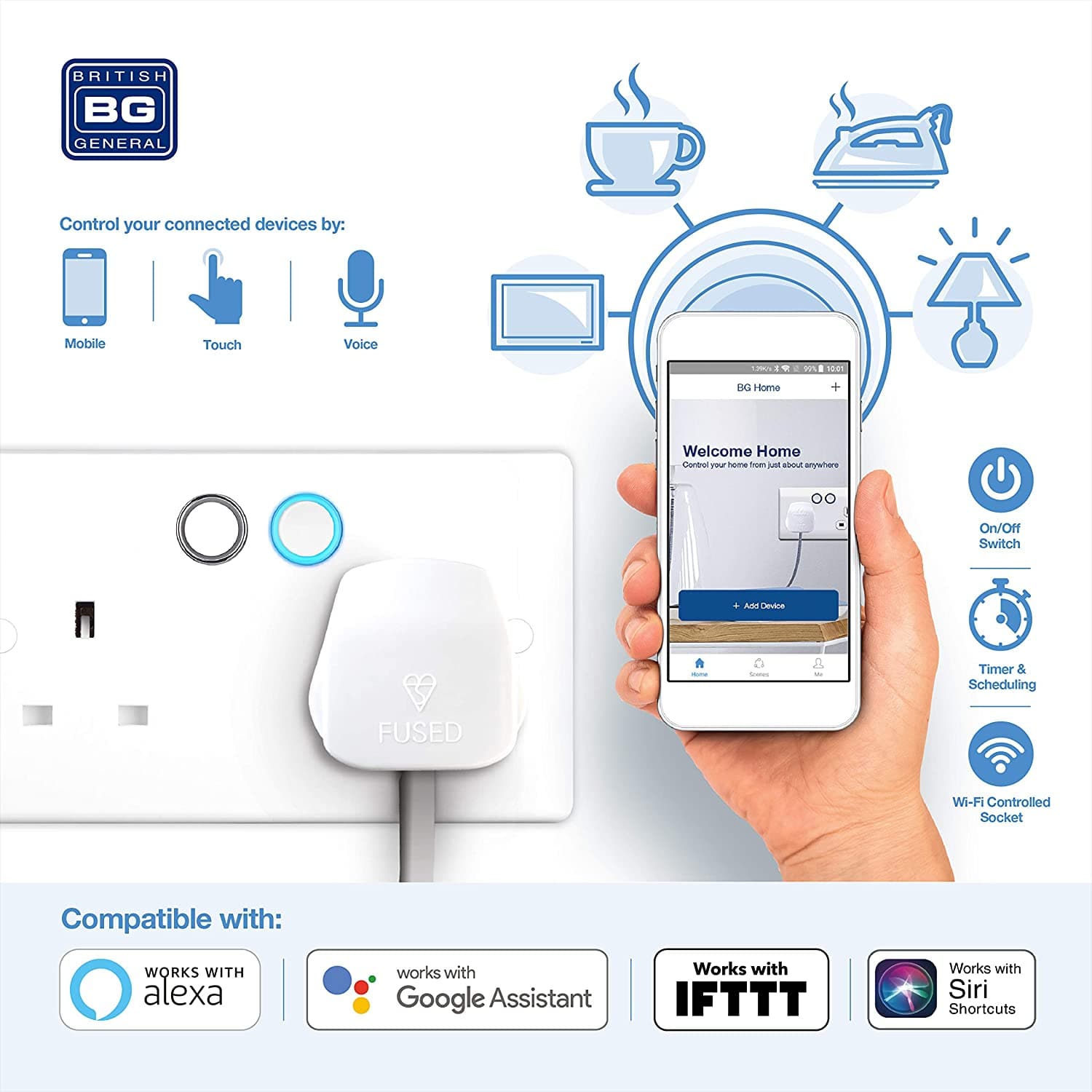 British General Slim Nexus Double Switched 13A Power Socket + Smart Home Control - White