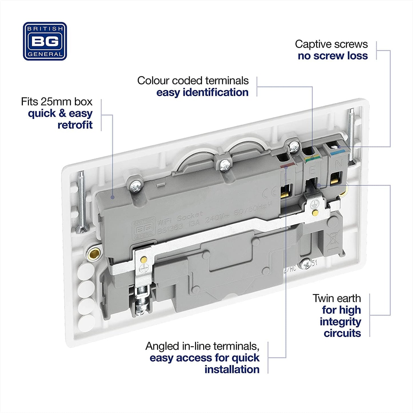 British General Slim Nexus Double Switched 13A Power Socket + Smart Home Control - White