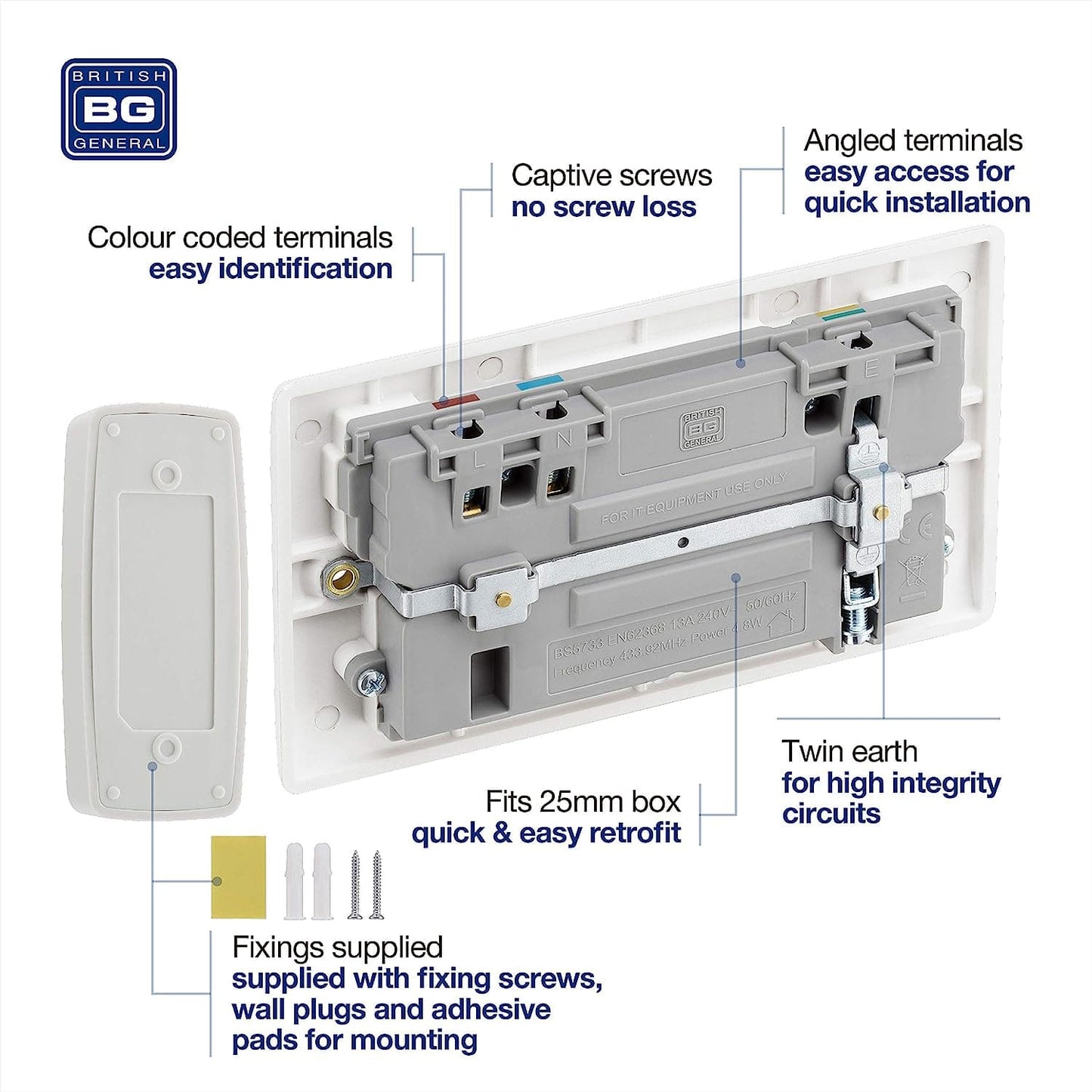 British General Nexus Double Switched 13A Power Socket with Door Chime - White