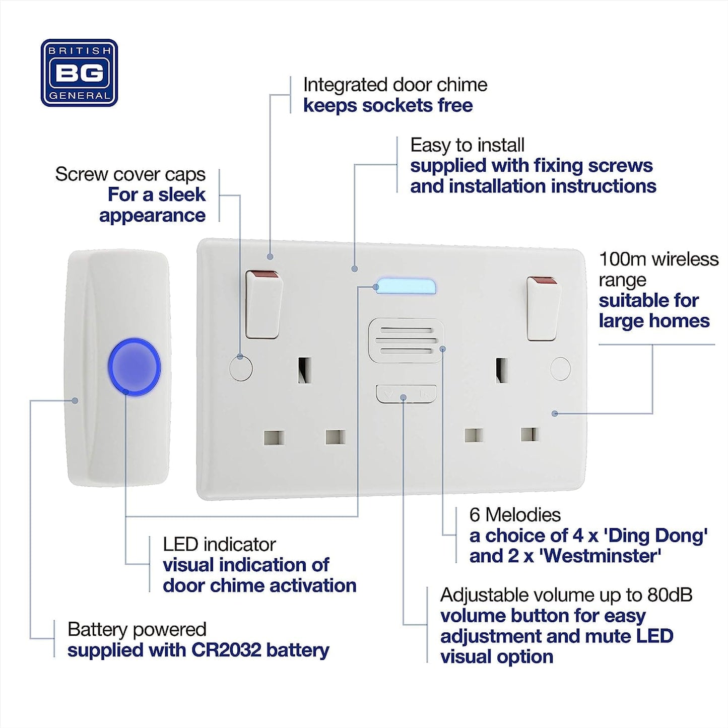British General Nexus Double Switched 13A Power Socket with Door Chime - White