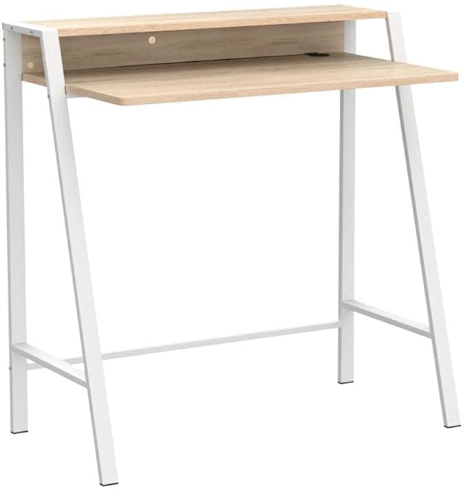 ProperAV Extra Computer Desk with Elevated Storage Shelf White & Oak