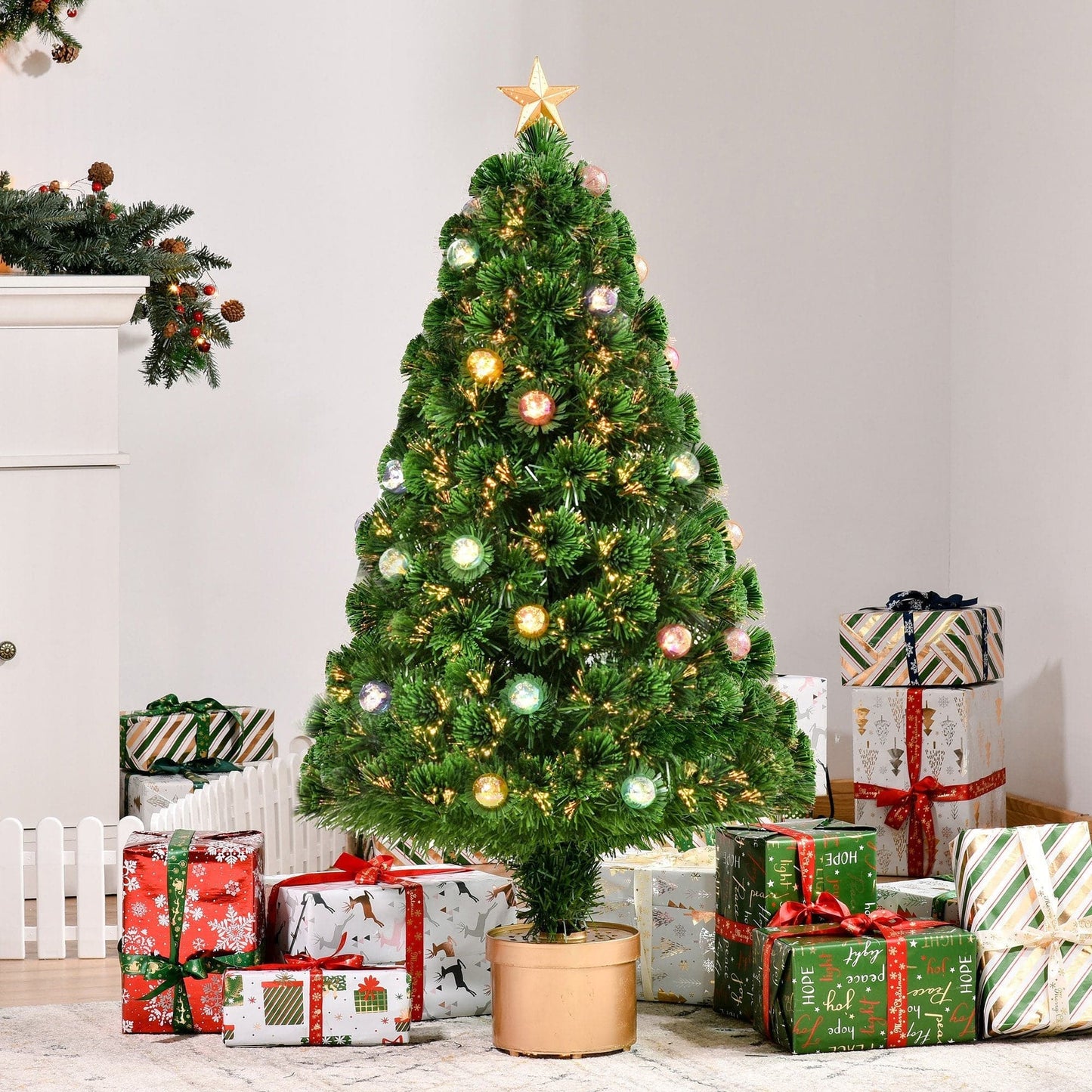 HOMCOM 4ft Pre-Lit Fibre Optic Artificial Christmas Tree with Golden Stand - maplin.co.uk
