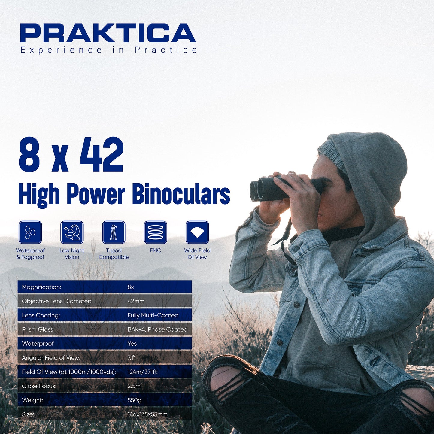 PRAKTICA Pioneer R 8x42 mm Binoculars - Blue - maplin.co.uk