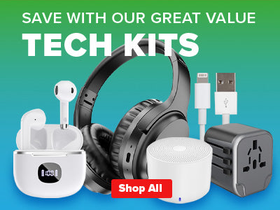 Tech kits including headphones, earbuds, and charging cable on a blue and green background with promotional text.
