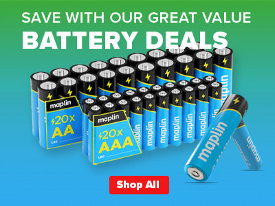 Maplin batteries on a blue and green background with promotional text.