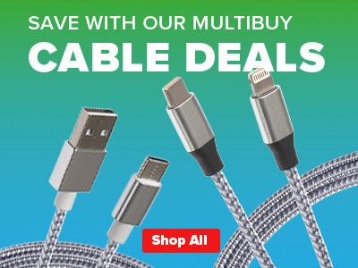 Advertisement for cable deals with USB cables on a green and blue gradient background.