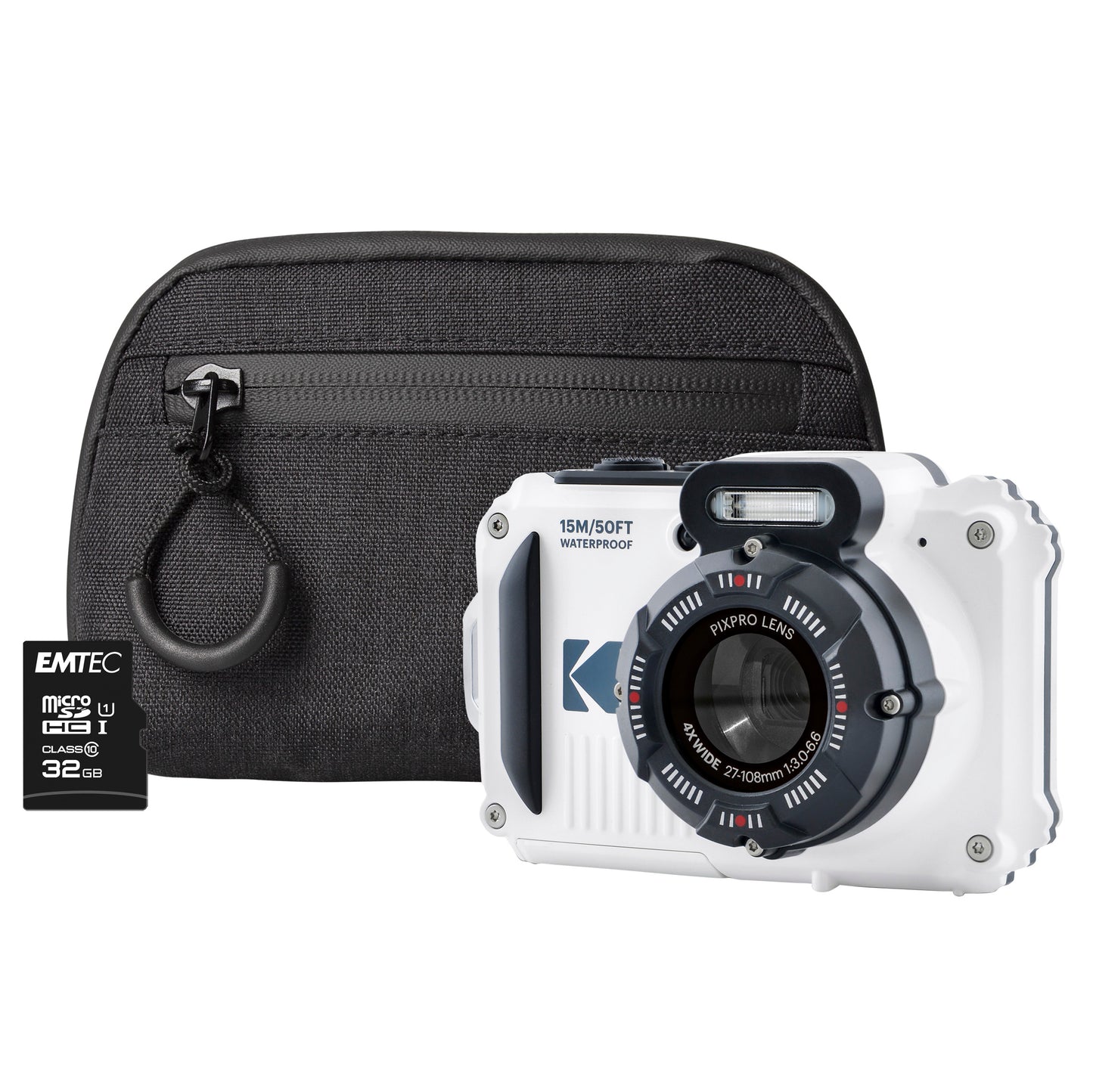 Kodak PIXPRO WPZ2 Waterproof 16MP 4x Zoom Tough Compact Camera - White Camera + 32GB SD Card + Case