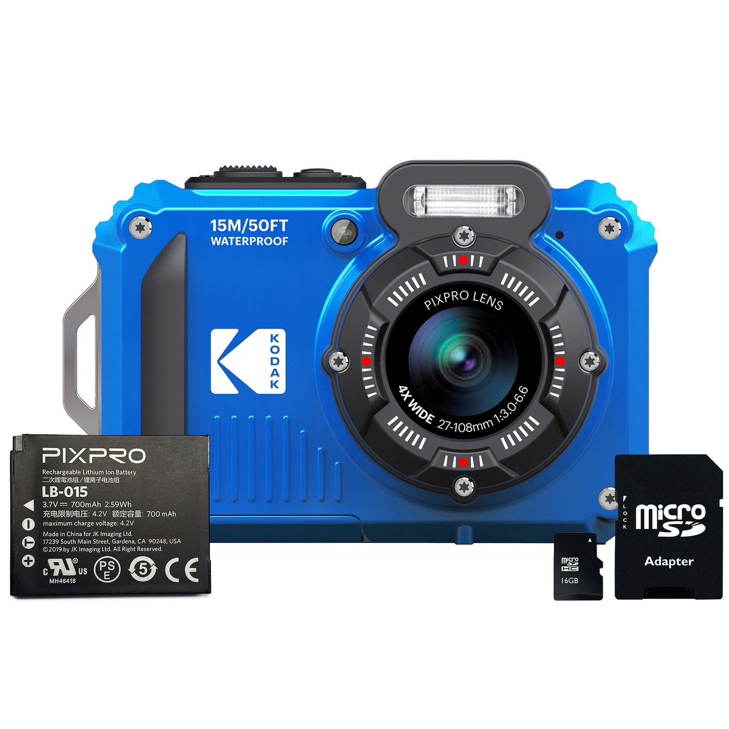 Kodak PIXPRO WPZ2 16MP 4x Zoom Tough Compact Camera - Blue Camera + 16GB SD Card + Battery