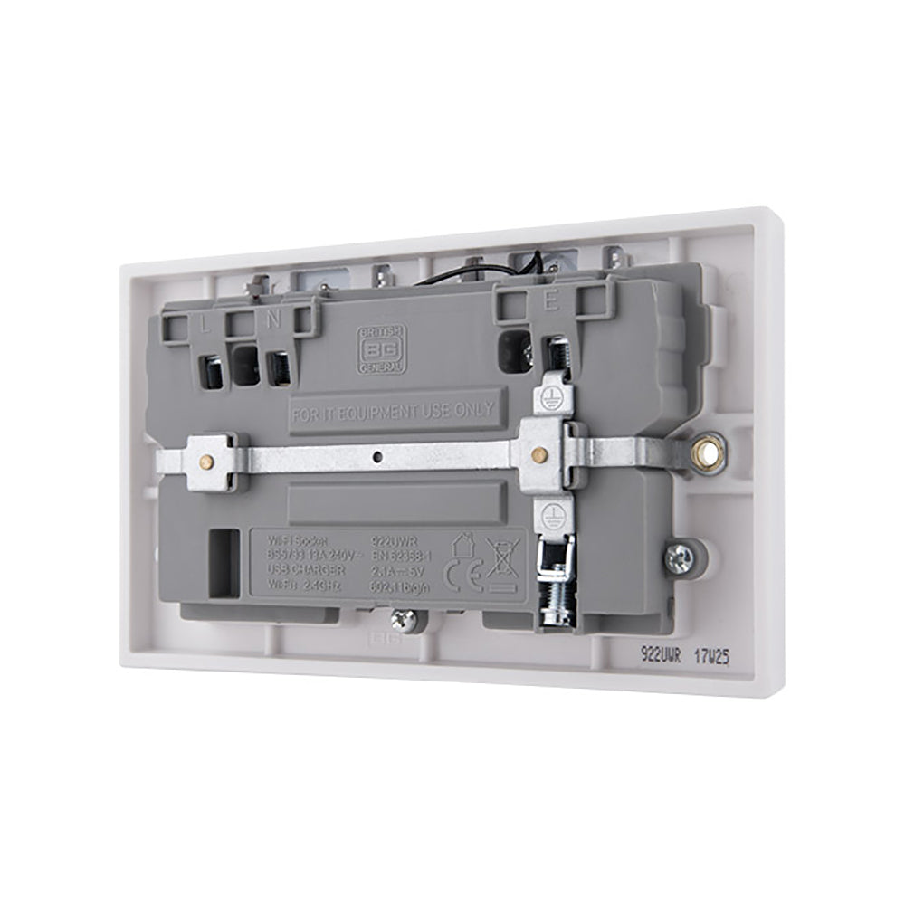 British General Square Edge 13A 2 Gang Switched Socket with Wi-Fi Extender + 1x USB-A 2.1A - White