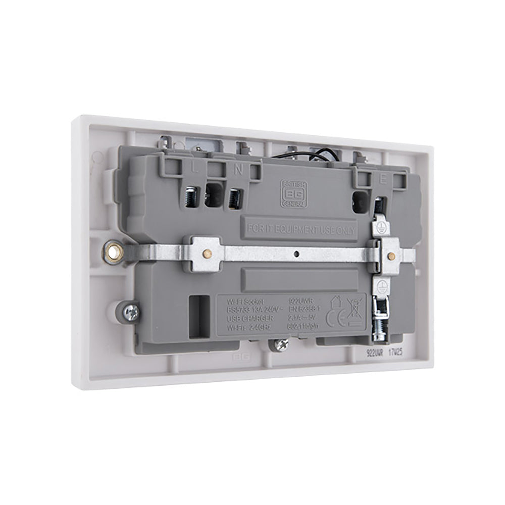 British General Square Edge 13A 2 Gang Switched Socket with Wi-Fi Extender + 1x USB-A 2.1A - White