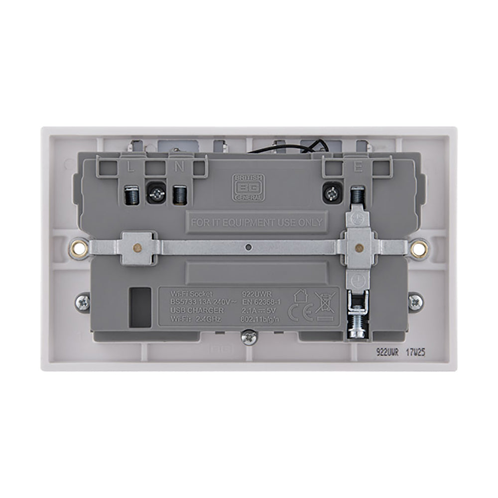 British General Square Edge 13A 2 Gang Switched Socket with Wi-Fi Extender + 1x USB-A 2.1A - White