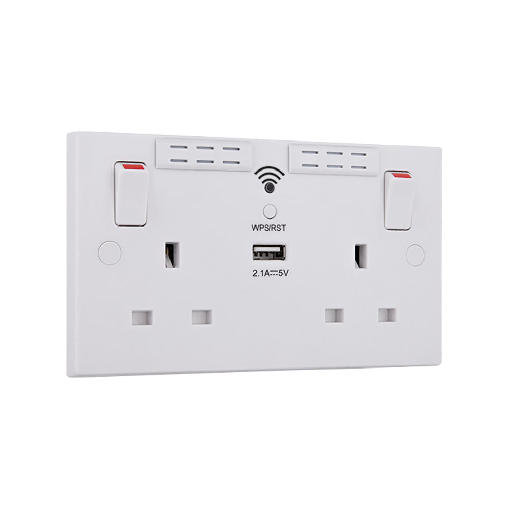 British General Square Edge 13A 2 Gang Switched Socket with Wi-Fi Extender + 1x USB-A 2.1A - White