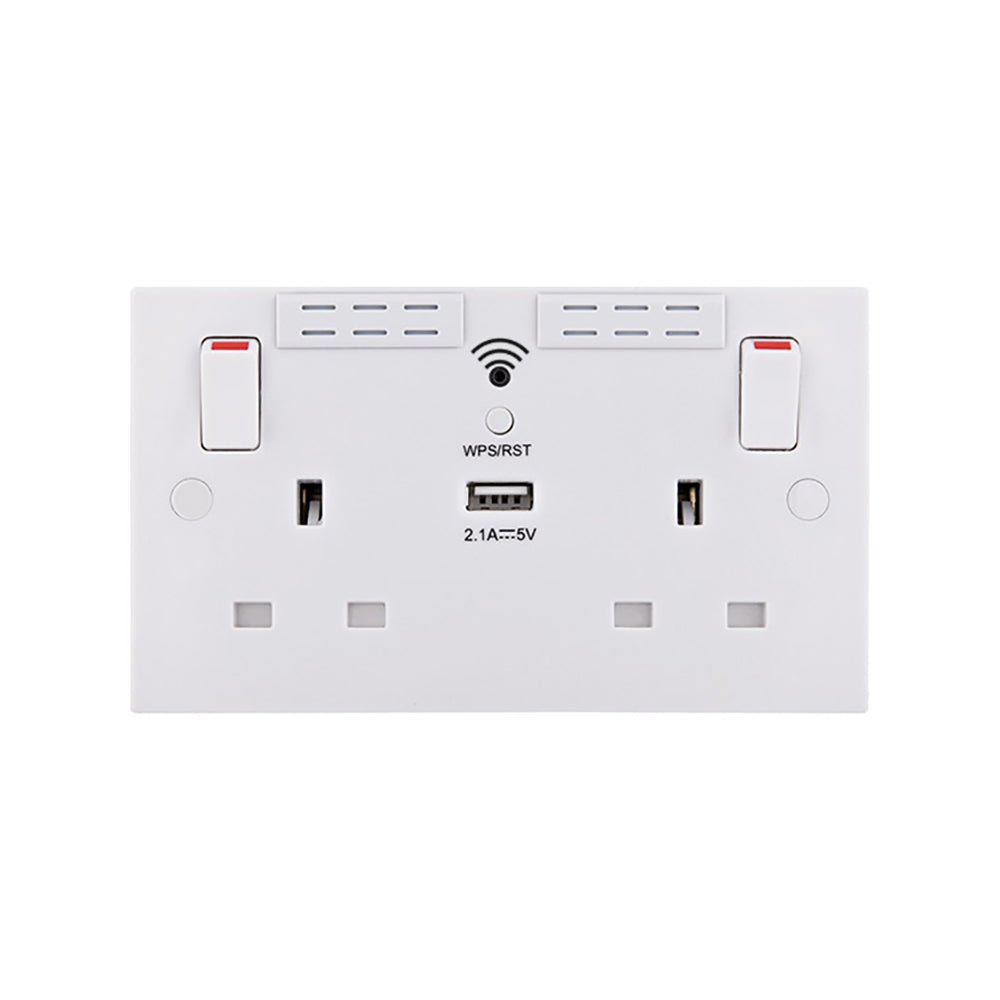 British General Square Edge 13A 2 Gang Switched Socket with Wi-Fi Extender + 1x USB-A 2.1A - White