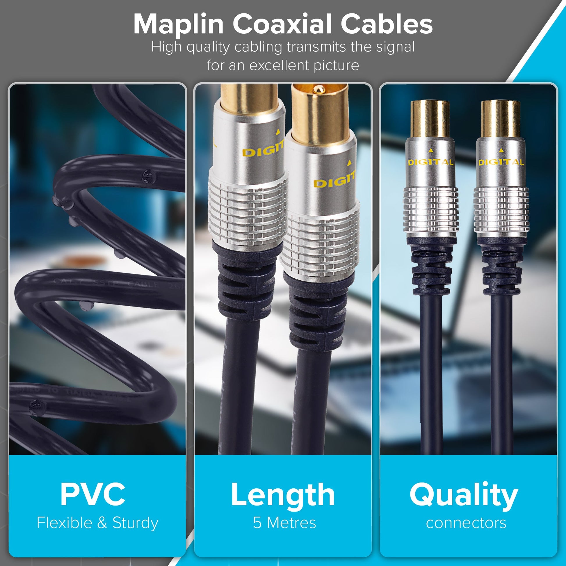 Maplin RF Male to RF Male Connector TV Aerial Coaxial Cable - Black, 5m - maplin.co.uk