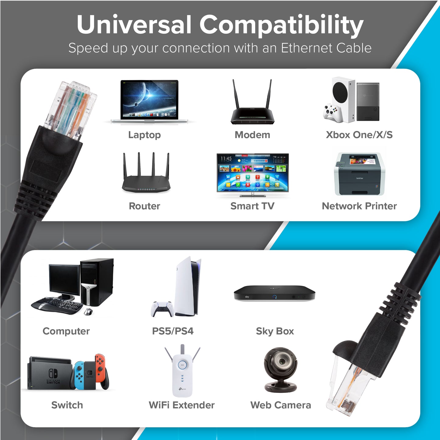 Maplin CAT6 RJ45 Plug UTP Ethernet Network Cable - Black, 25m (Pack of 5)